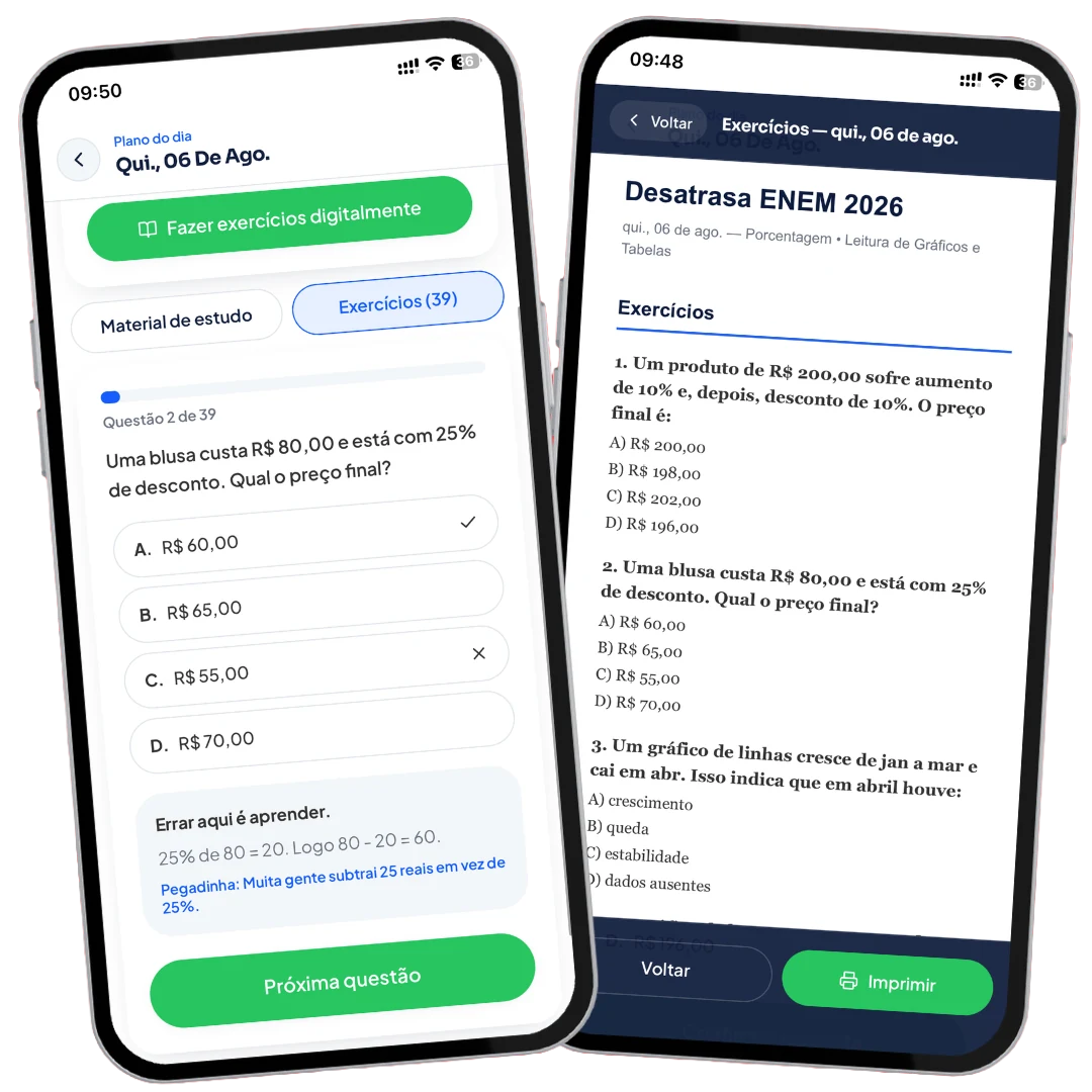 Tela de exercícios do APP Desatrasa ENEM 2026